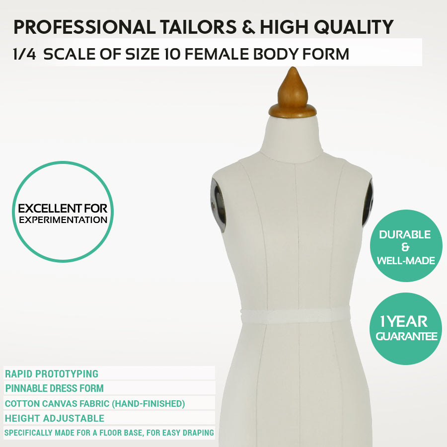 Mannequin dress form with text highlighting features on a white background