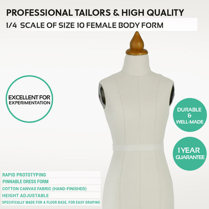 Mannequin dress form with text highlighting features on a white background