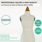 Mannequin dress form with text highlighting features on a white background