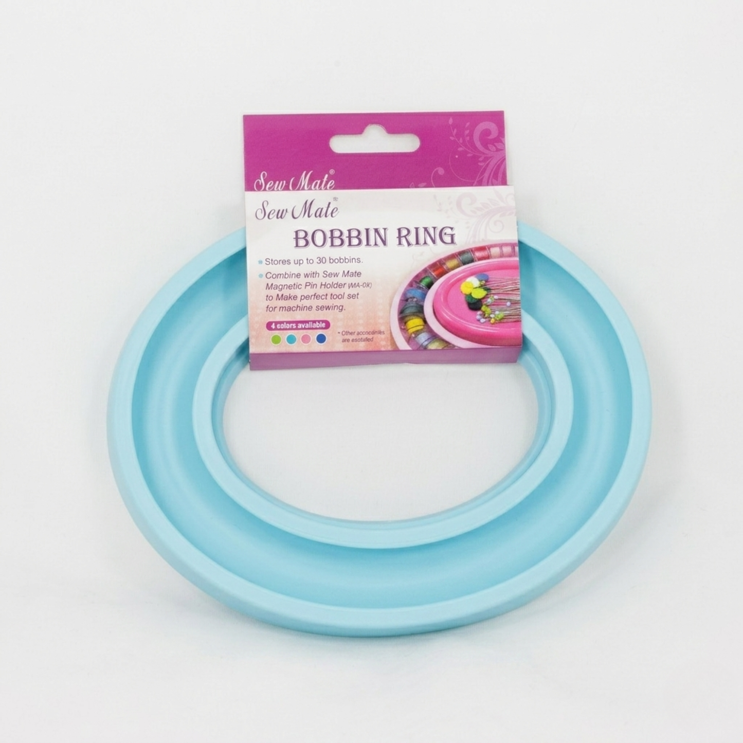 Blue bobbin ring with packaging labeled 'Sew Mate Bobbin Ring' on a white background
