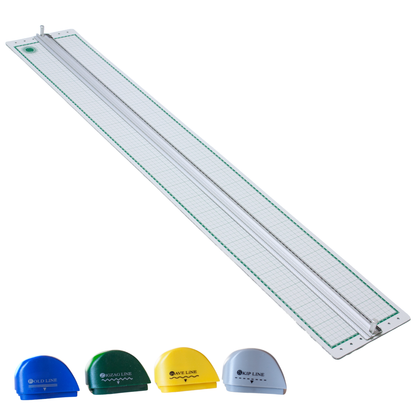 Long desktop graphic paper cutter rail set up with assorted replacement blade cartridges.