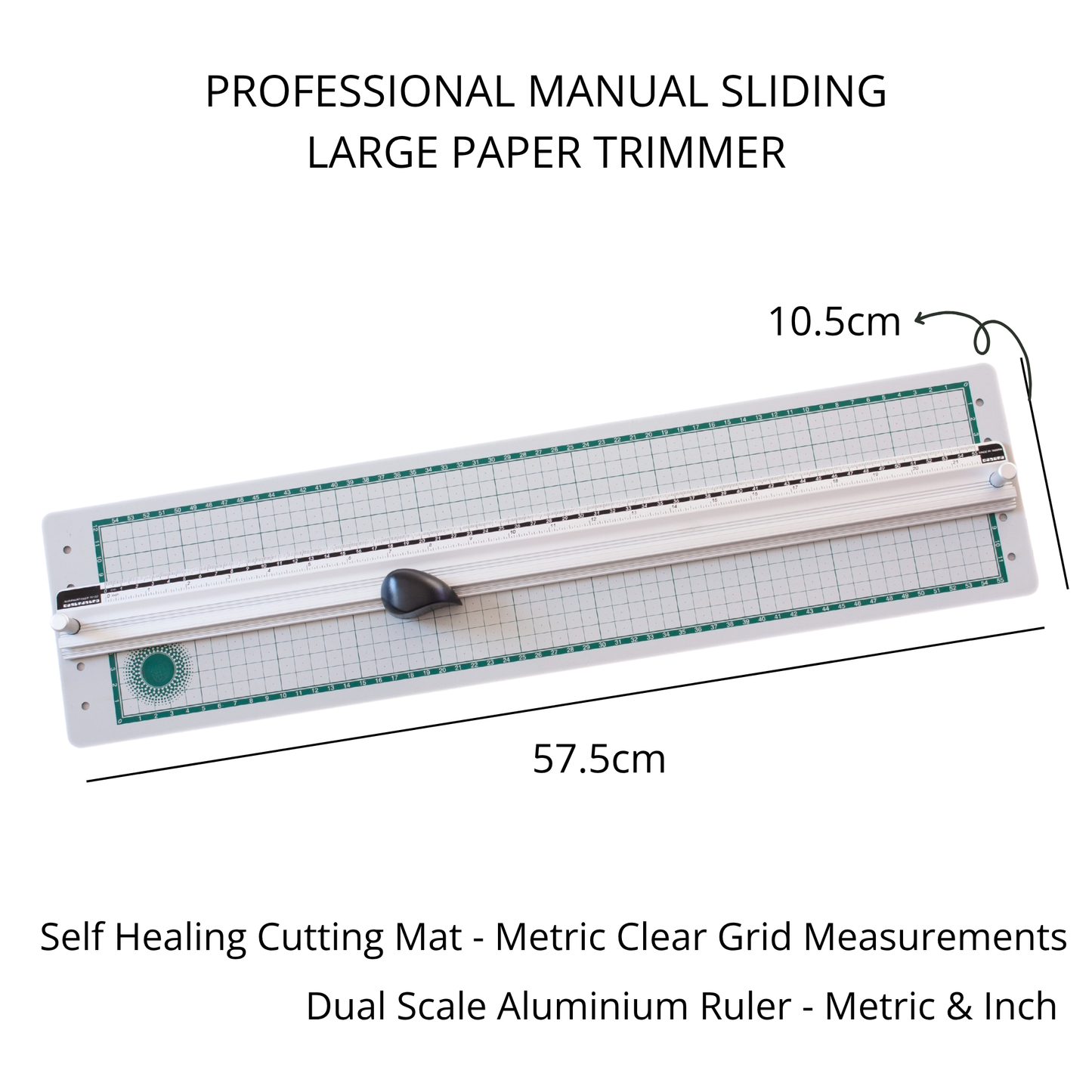 Dimension layout showing the extra-long 117.5cm by 11.5cm sizing of the professional manual sliding cutter.