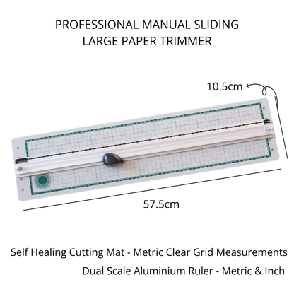 Dimension layout showing the extra-long 117.5cm by 11.5cm sizing of the professional manual sliding cutter.
