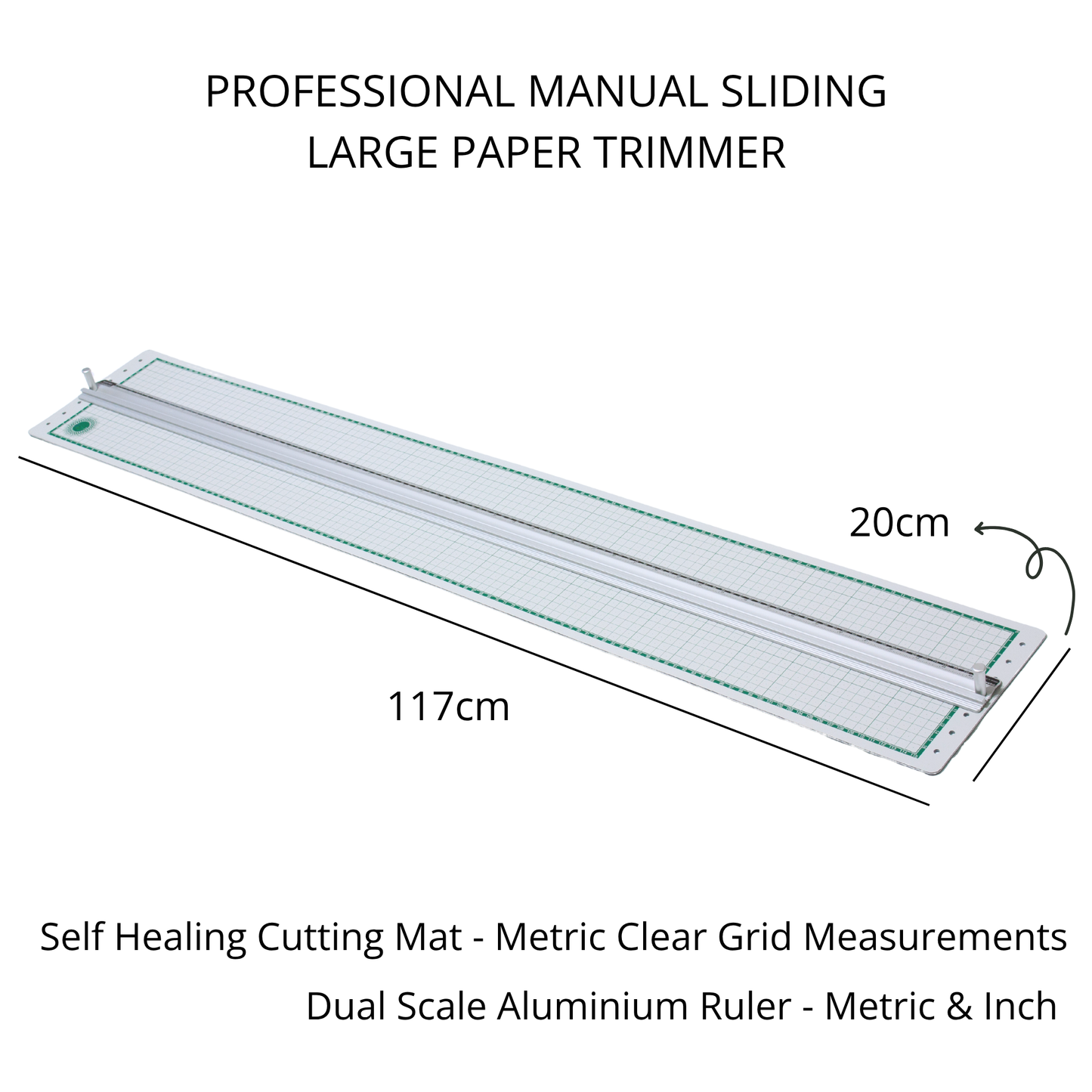 Technical dimension guide for the dual-scale aluminum ruler rail tracking of the large paper trimmer.