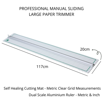 Technical dimension guide for the dual-scale aluminum ruler rail tracking of the large paper trimmer.