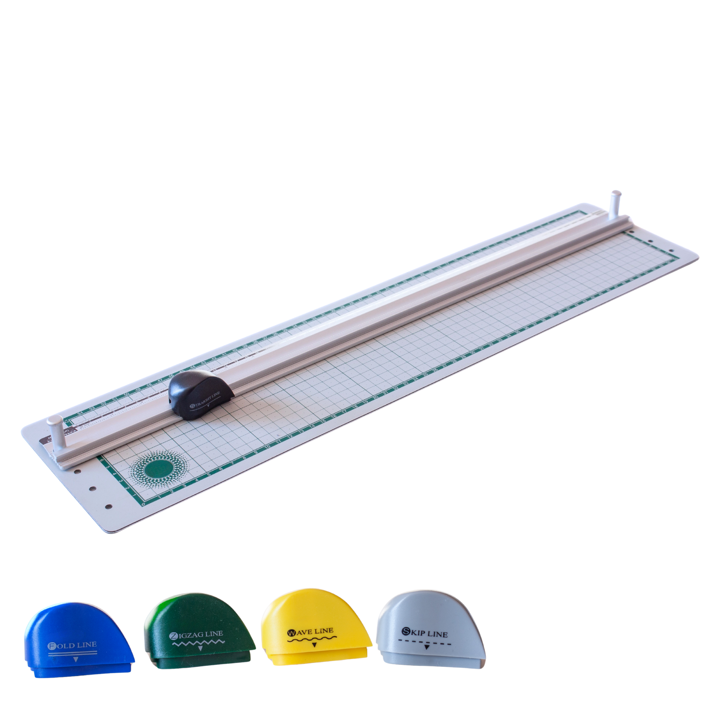 Large format rotary paper trimmer machine with interchangeable blade heads isolated on a white background.