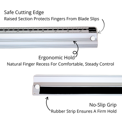 Safety cutting edge and non-slip rubber grip strip detail on the professional aluminum cutter rail.