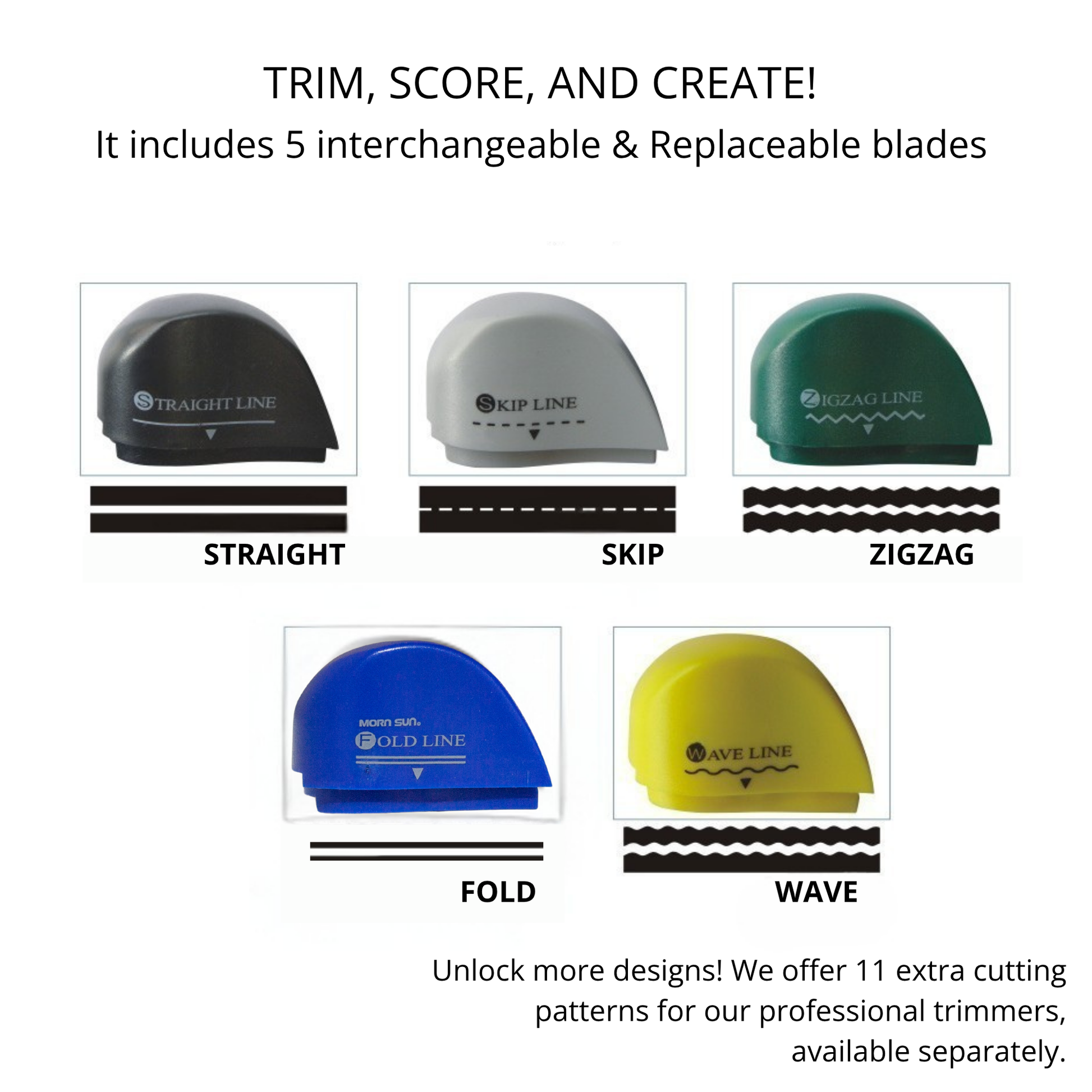 Five interchangeable replacement blade head options including perforation, scoring, and straight cuts.