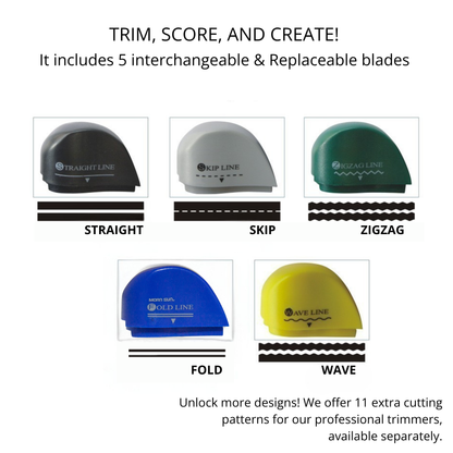 Five interchangeable replacement blade head options including perforation, scoring, and straight cuts.