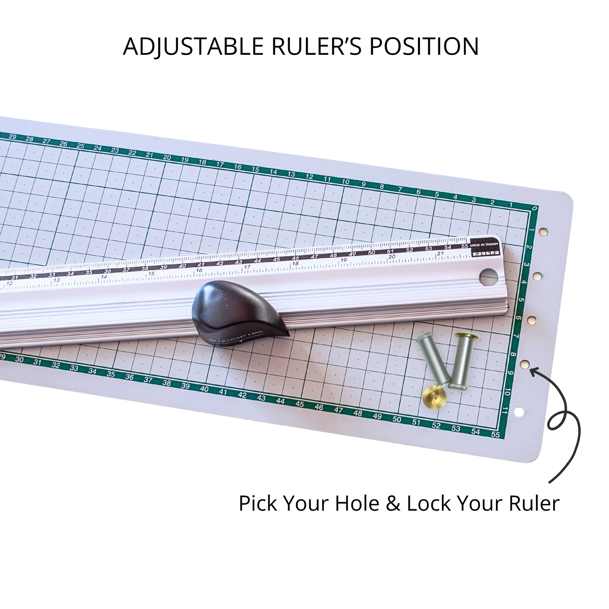 Adjustable ruler positioning grid overlay with a slide lock knob for precise graphic paper cutting.