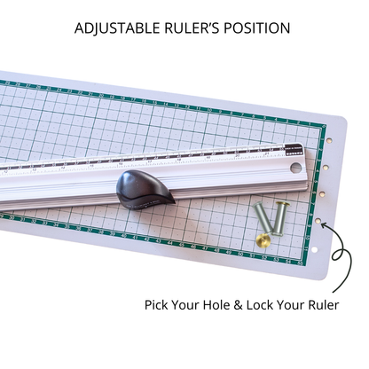 Adjustable ruler positioning grid overlay with a slide lock knob for precise graphic paper cutting.