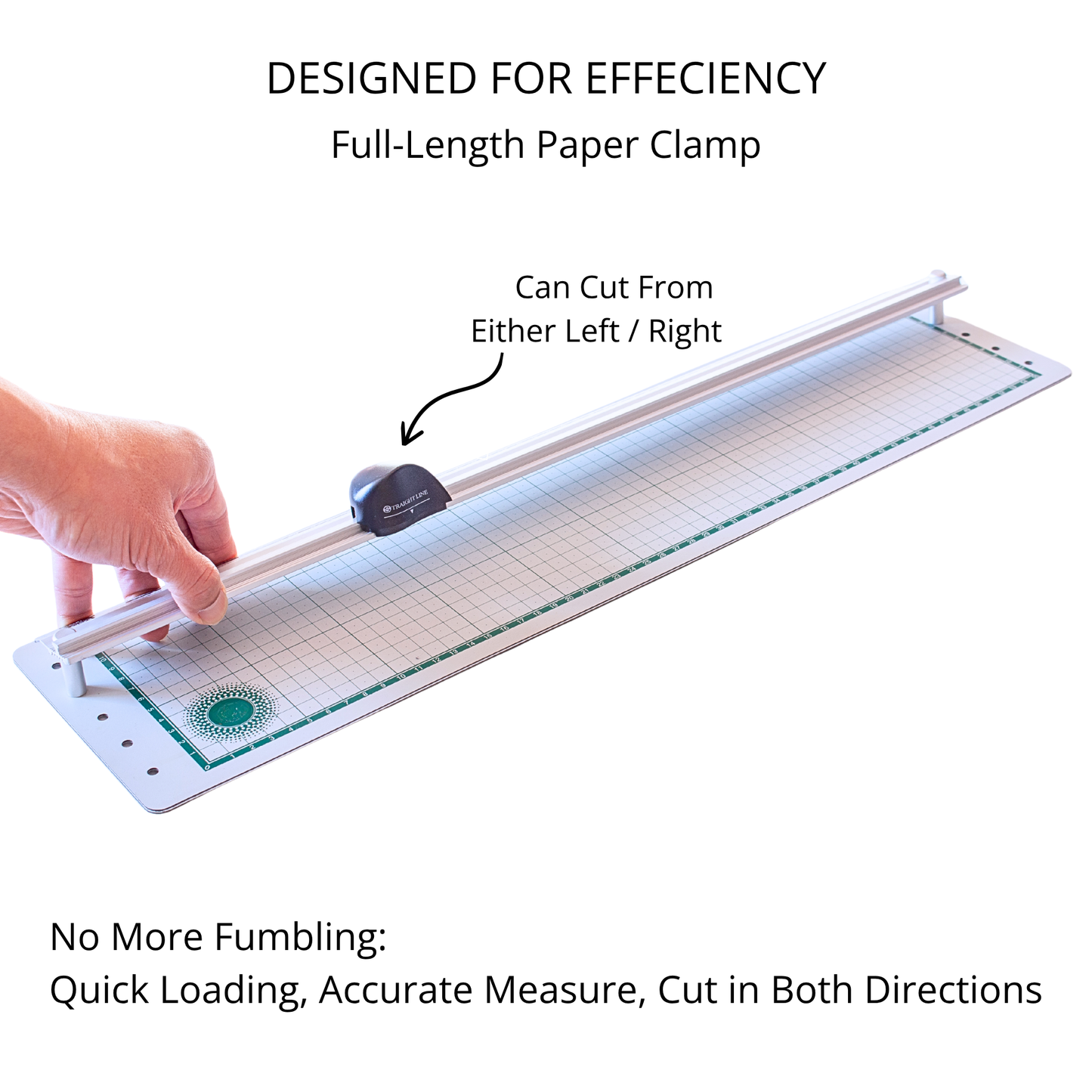 Action shot demonstrating the full-length paper clamp bar mechanism locking a sheet into position.
