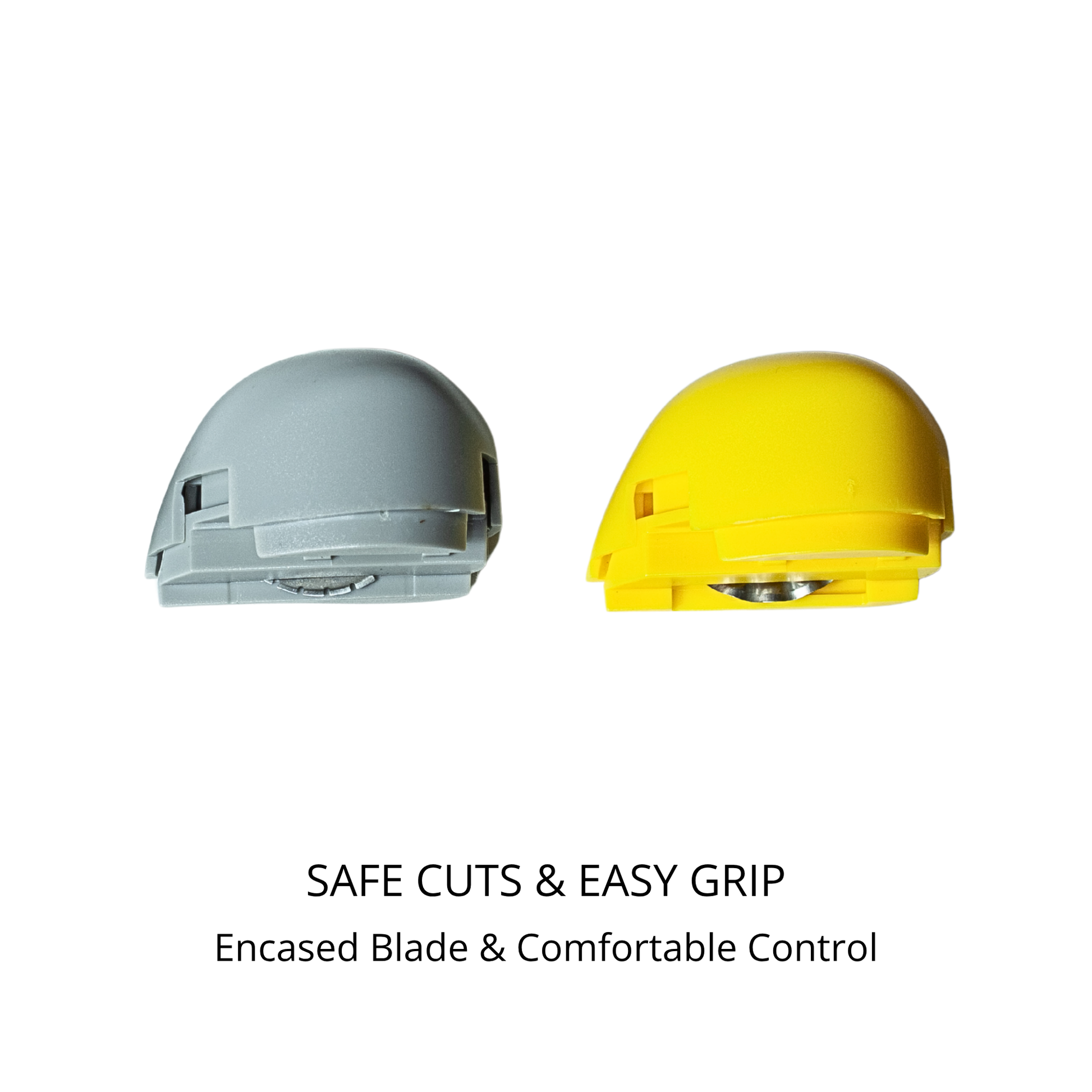 Close-up of grey and yellow rotary blade replacement heads designed for a comfortable safe grip.