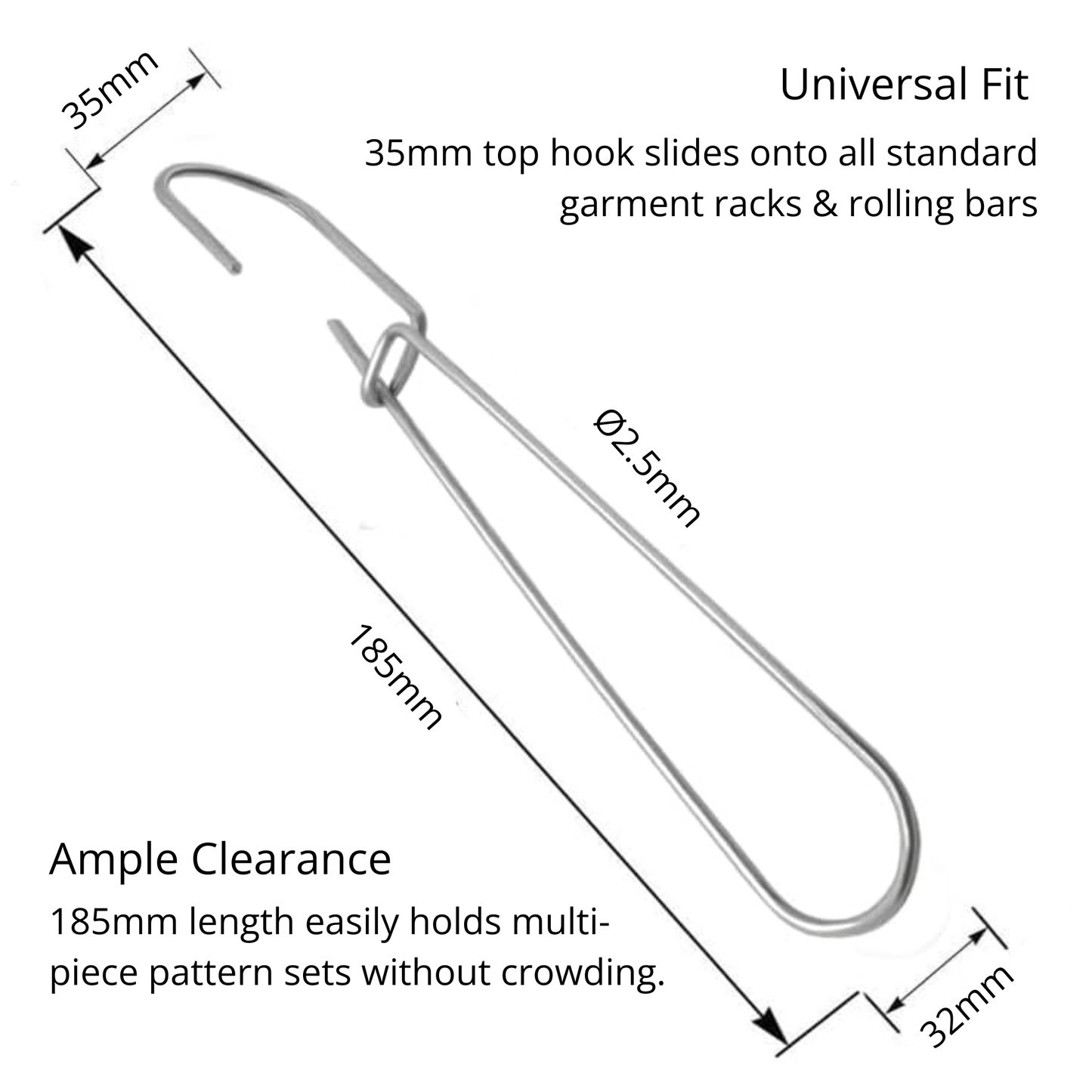 Technical measurements diagram displaying the 25.5cm total length and 25mm rod clearance of the metal pattern hanger.