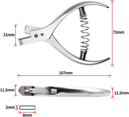 Spring-loaded metal pattern notch cutter tool isolated on a clean white background.