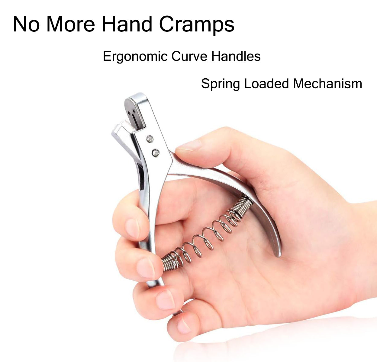 Action shot demonstrating the ergonomic curved handle grip and spring-loaded comfort mechanism in a hand.