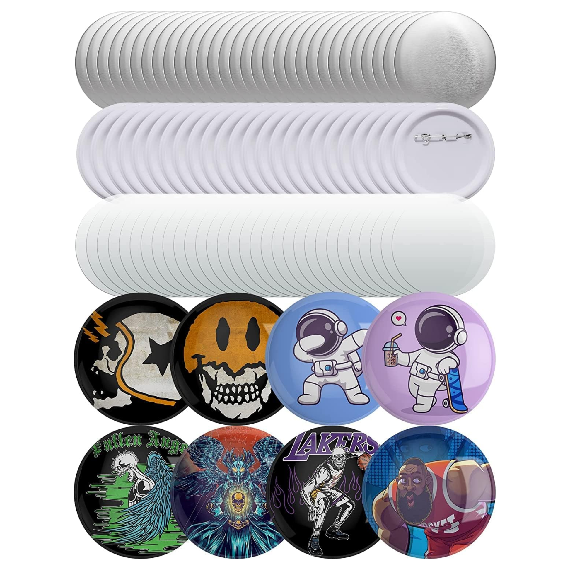 A 100-piece bulk button maker supply kit with white blank badge covers, backs with pin findings, and clear plastic film. Included are 8 finished sample buttons with different art: skulls, a distressed smiley, cartoon dabbing and skateboarding astronauts, a skeleton angel with blue wings, a cyberpunk creature, a skeleton basketball player, and an animated caricature of an athlete.