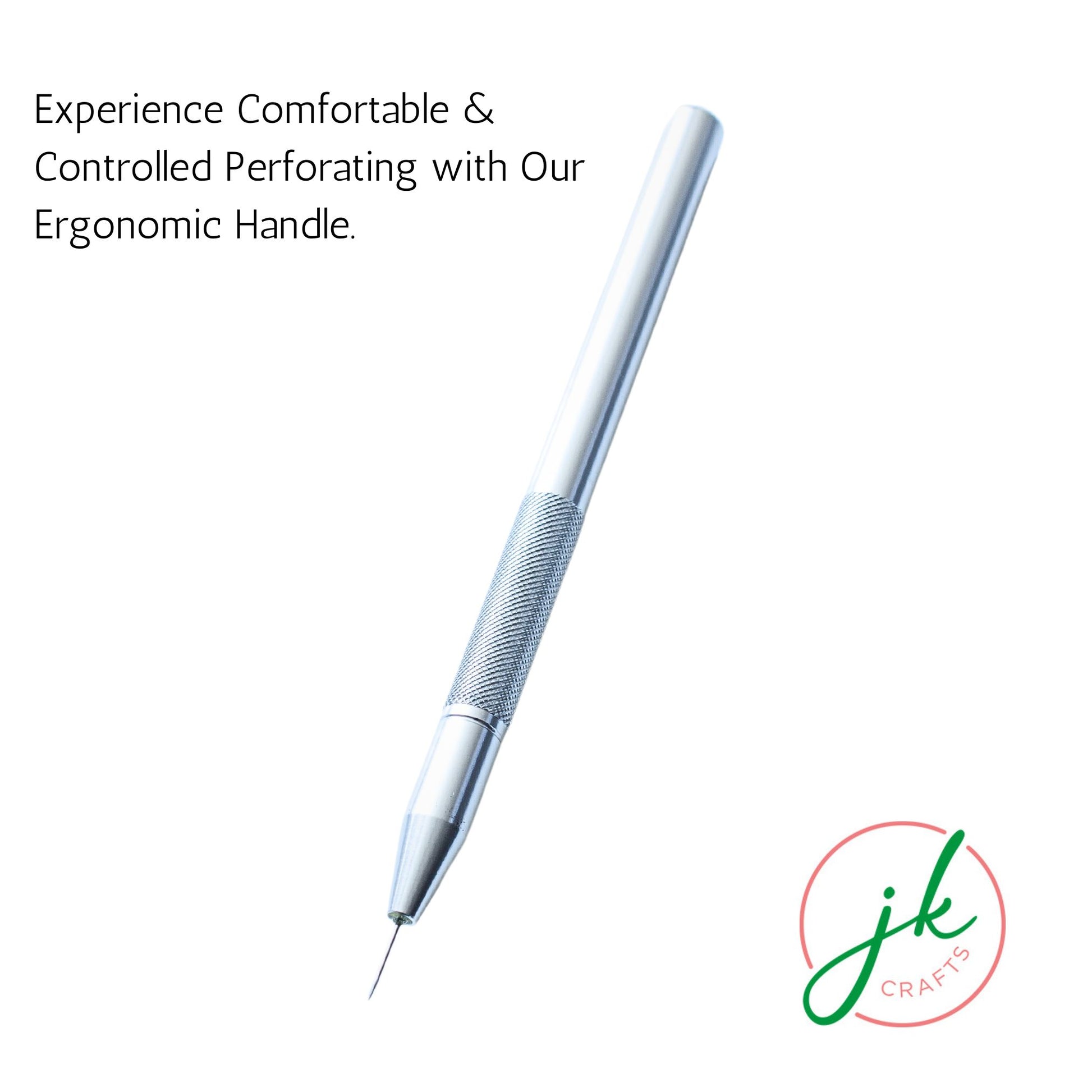 Product banner highlighting the textured knurled grip on the aluminium handle for comfortable, non-slip paper piercing control.