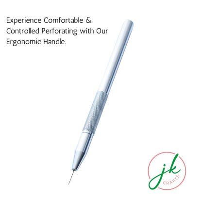 Product banner highlighting the textured knurled grip on the aluminium handle for comfortable, non-slip paper piercing control.