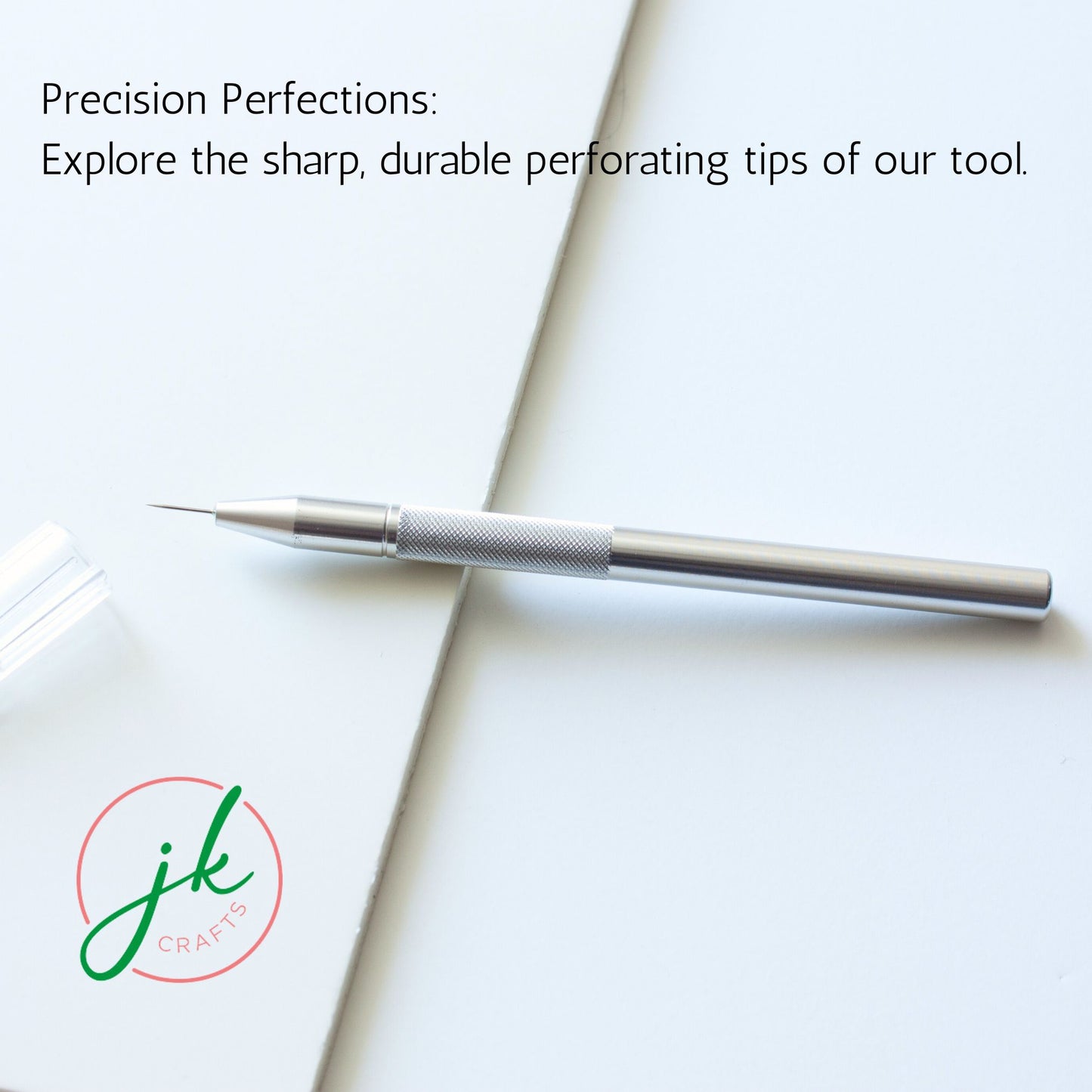 Close-up profile view of the sharp single-needle steel tip engineered for fine pergamano stenciling work.