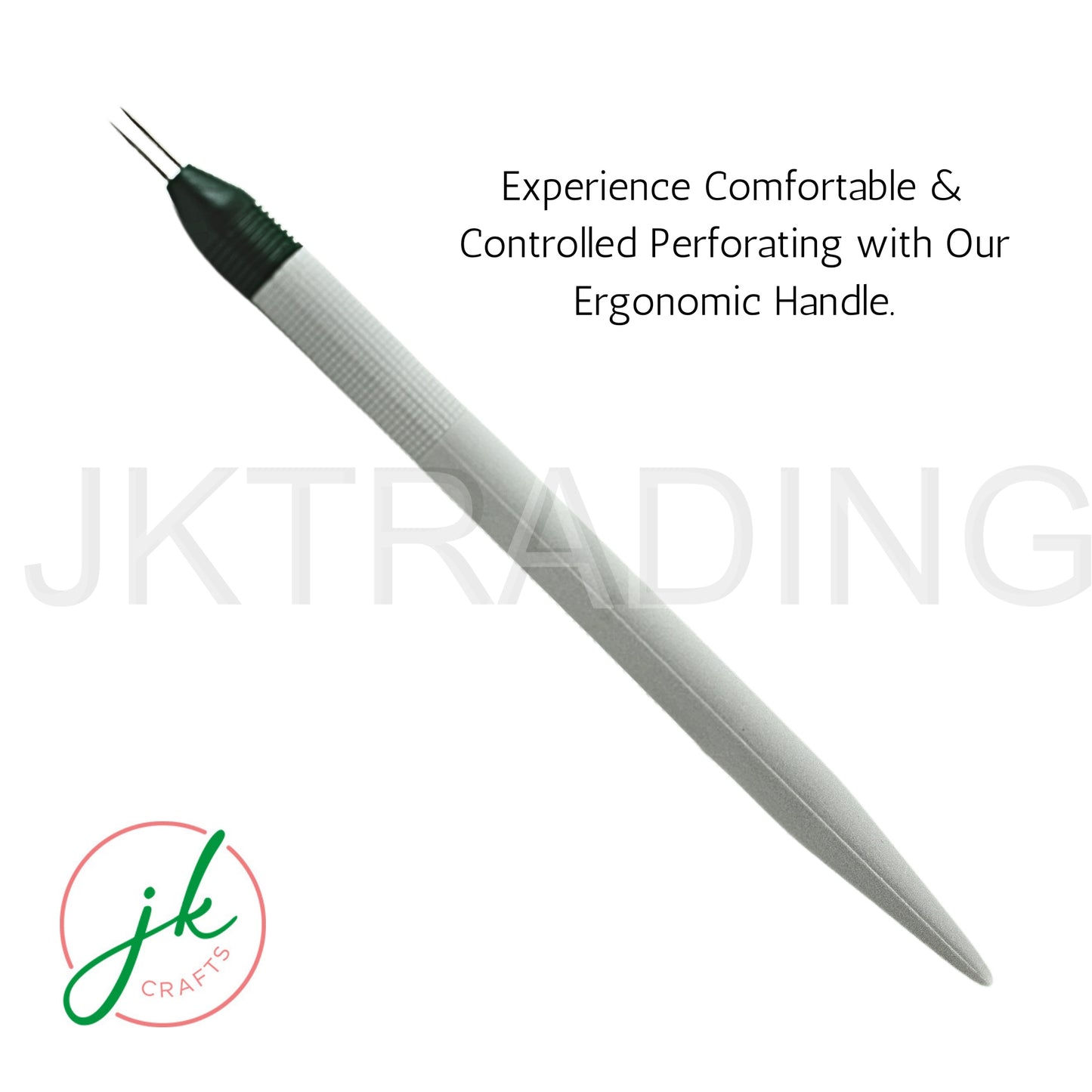 Feature infographic showcasing the ergonomic pen-style handle designed for comfortable and controlled paper piercing.
