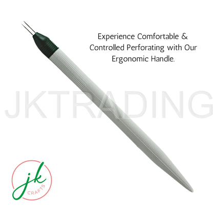 Feature infographic showcasing the ergonomic pen-style handle designed for comfortable and controlled paper piercing.