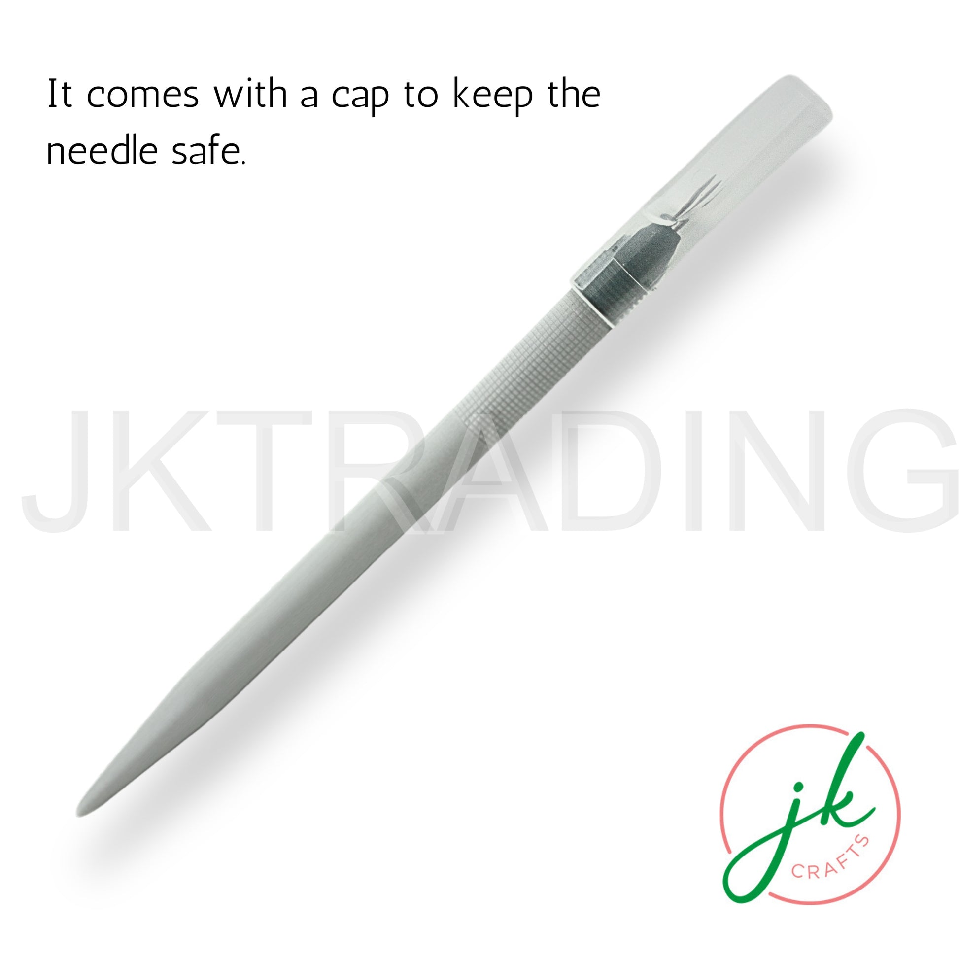 White perforating pen displayed next to its clear protective safety cap to keep the steel needles secure.