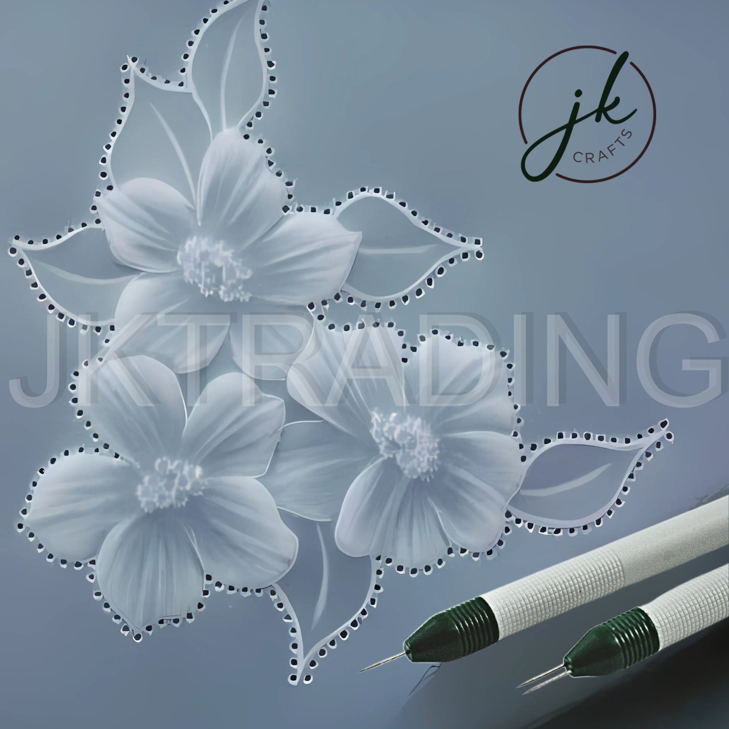 Finished parchment craft showing intricate translucent white embossed flower details created with a perforating tool.