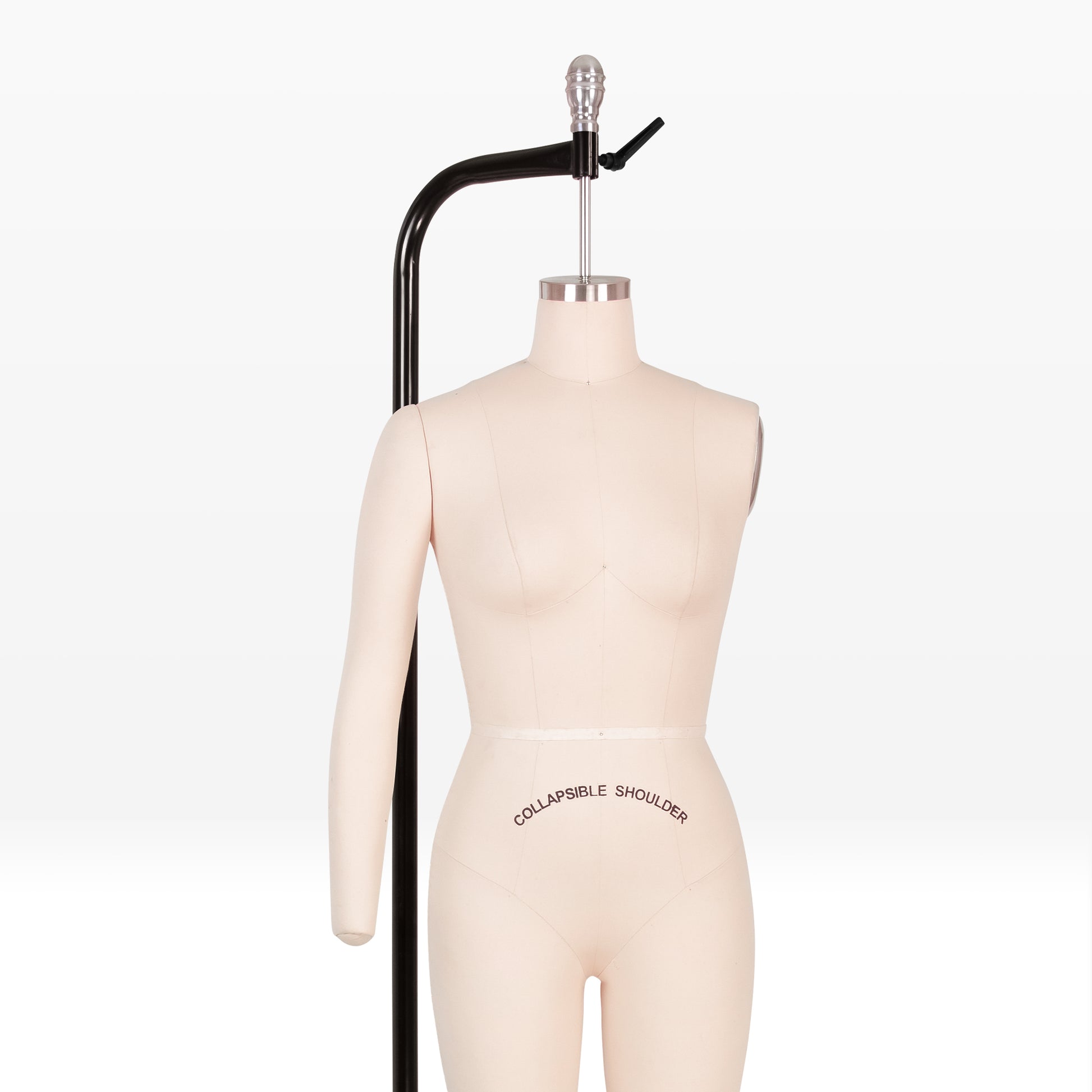 Professional Full body dreessmaker Mannequin torso with 'Collapsible Shoulders' label on a white background