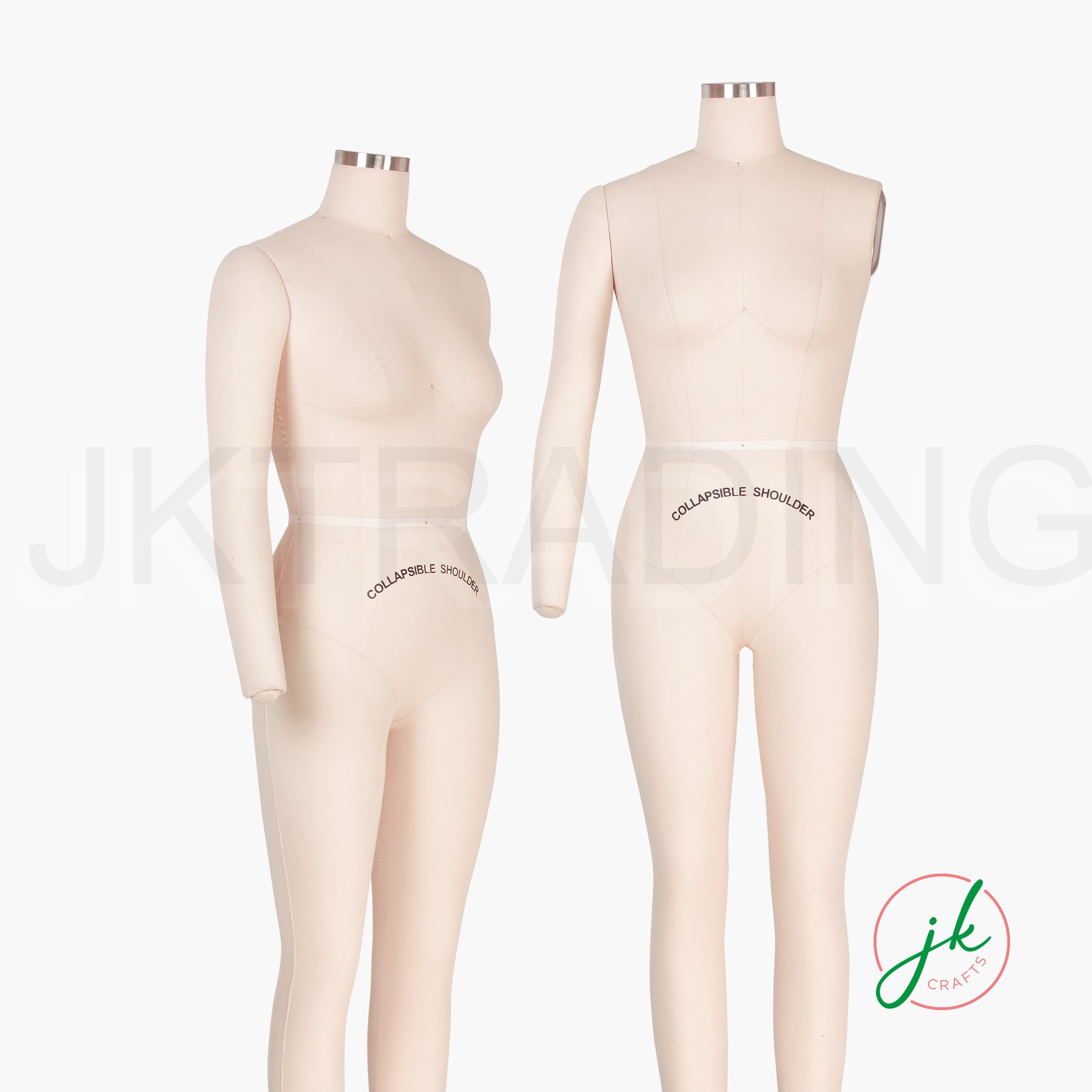 Two professional dress forms with 'Collapsible Shoulders' label on a white background, featuring the brand 'jk design'.