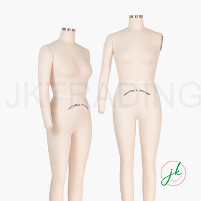 Two professional dress forms with 'Collapsible Shoulders' label on a white background, featuring the brand 'jk design'.