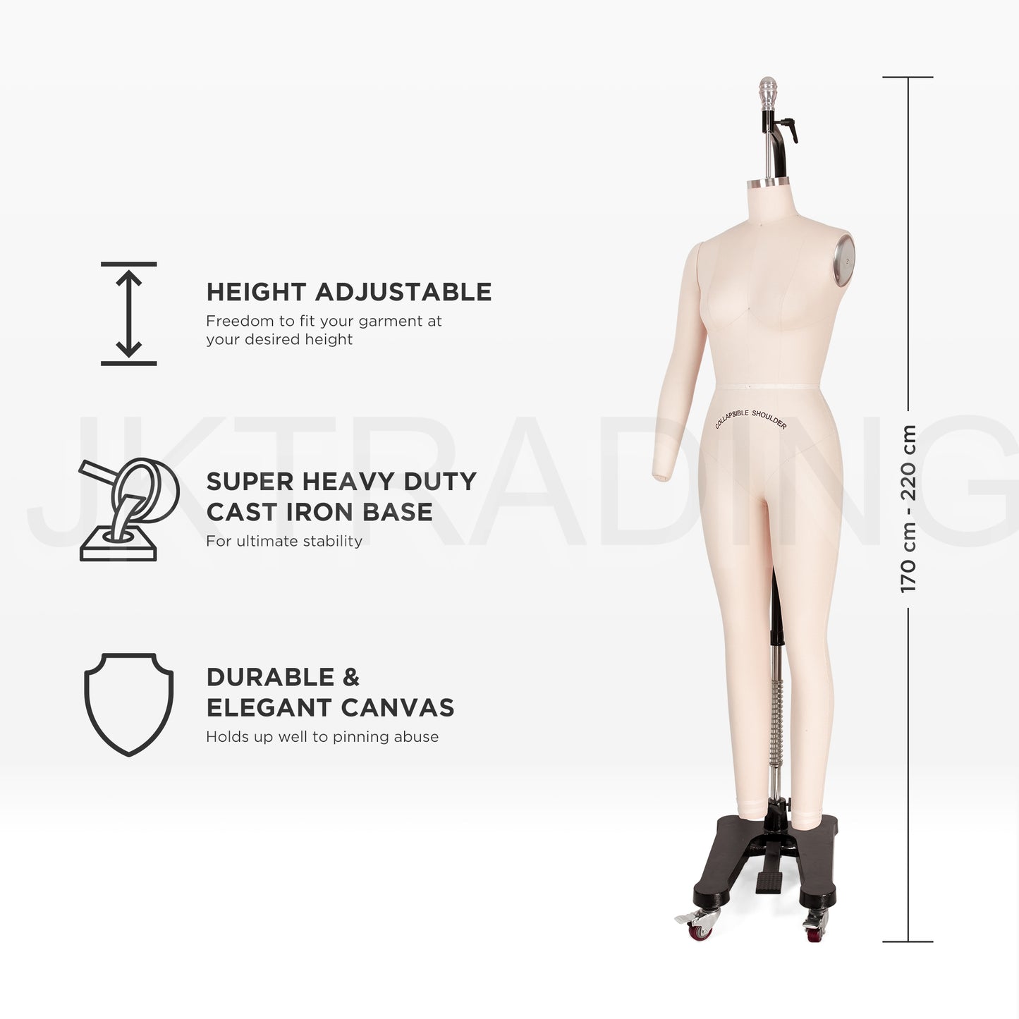 tailoring Mannequin with height adjustable feature and super heavy duty cast iron base on a white background