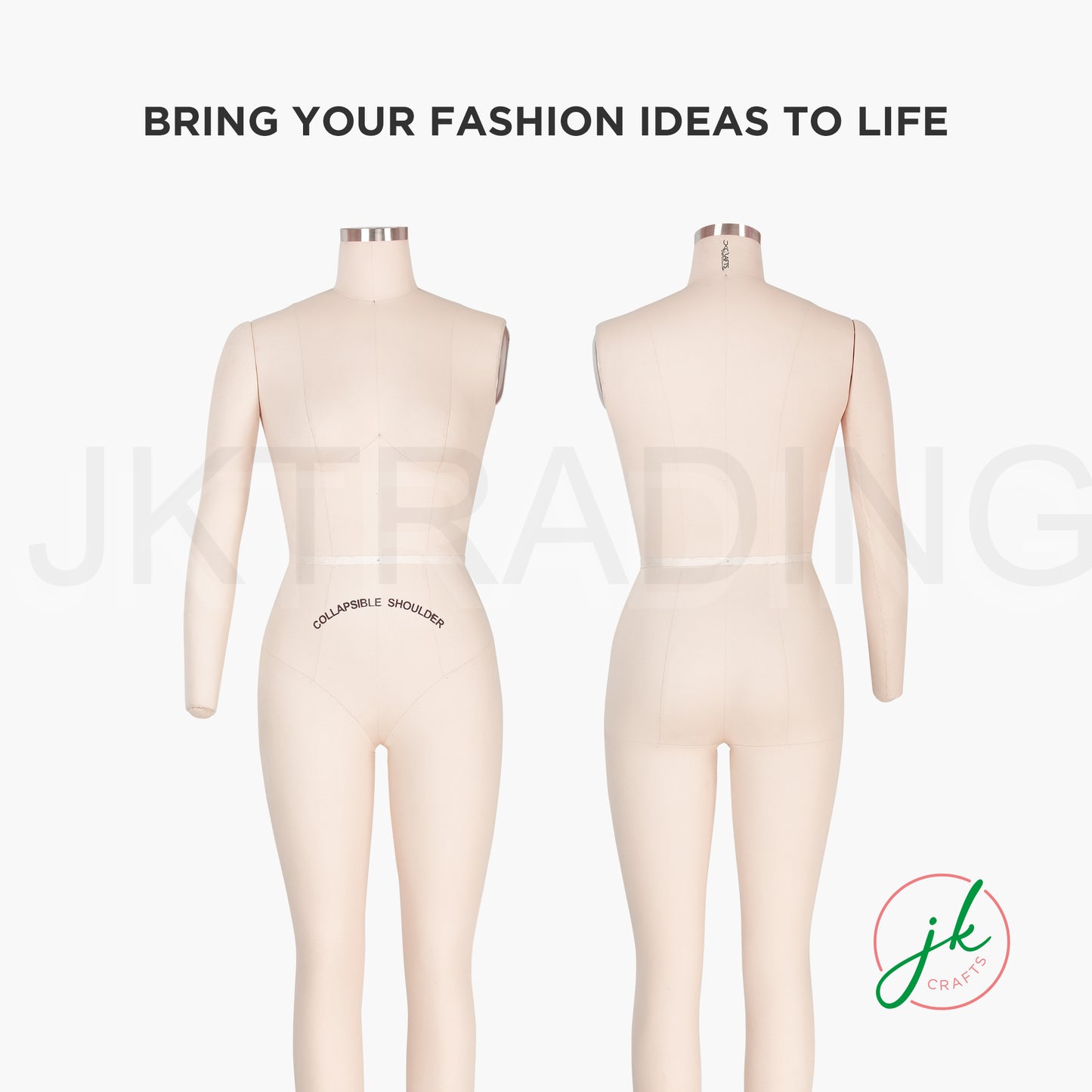 Two mannequins with text 'Bring your fashion ideas to life' and a logo on a white background.