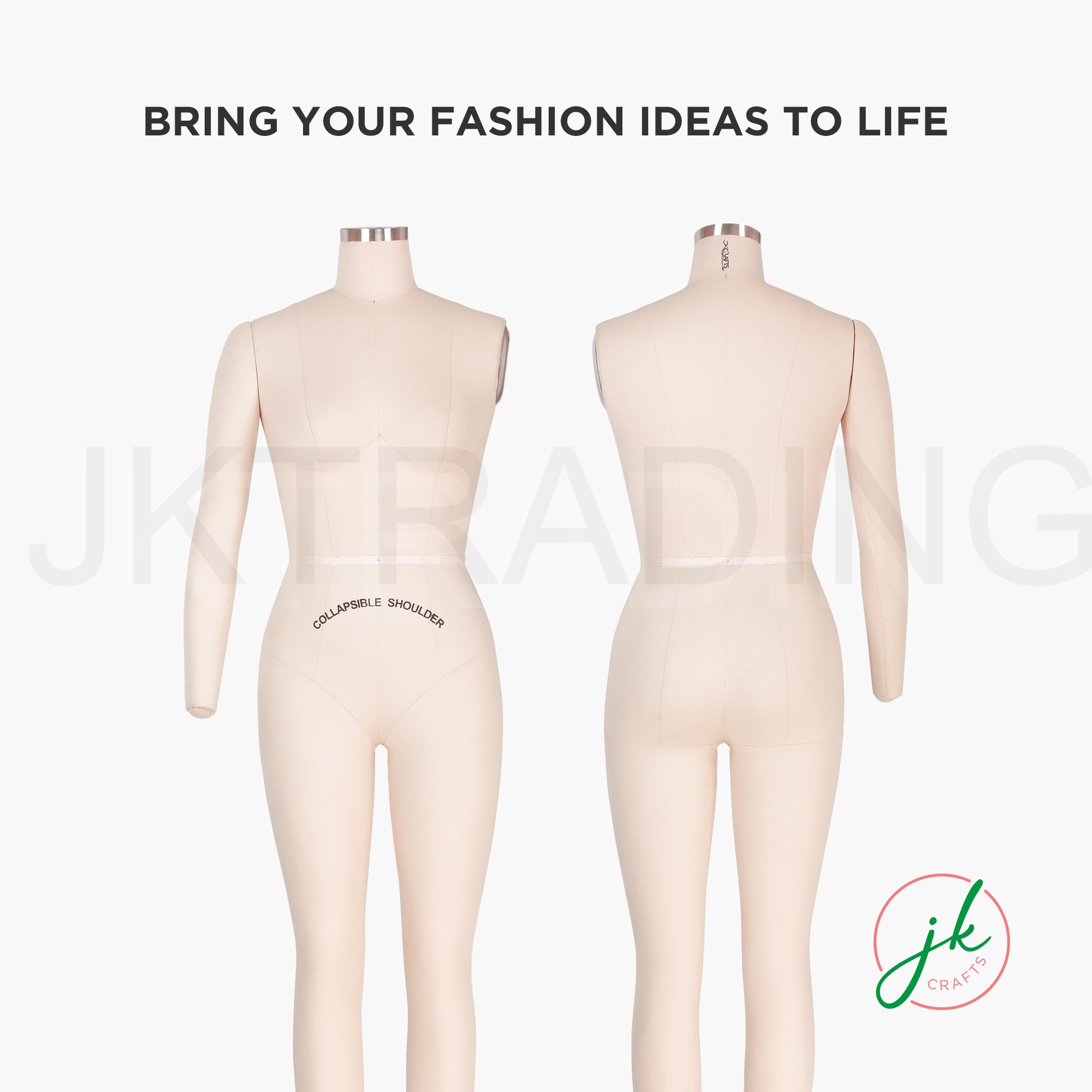 Two mannequins with text 'Bring your fashion ideas to life' and a logo on a white background.