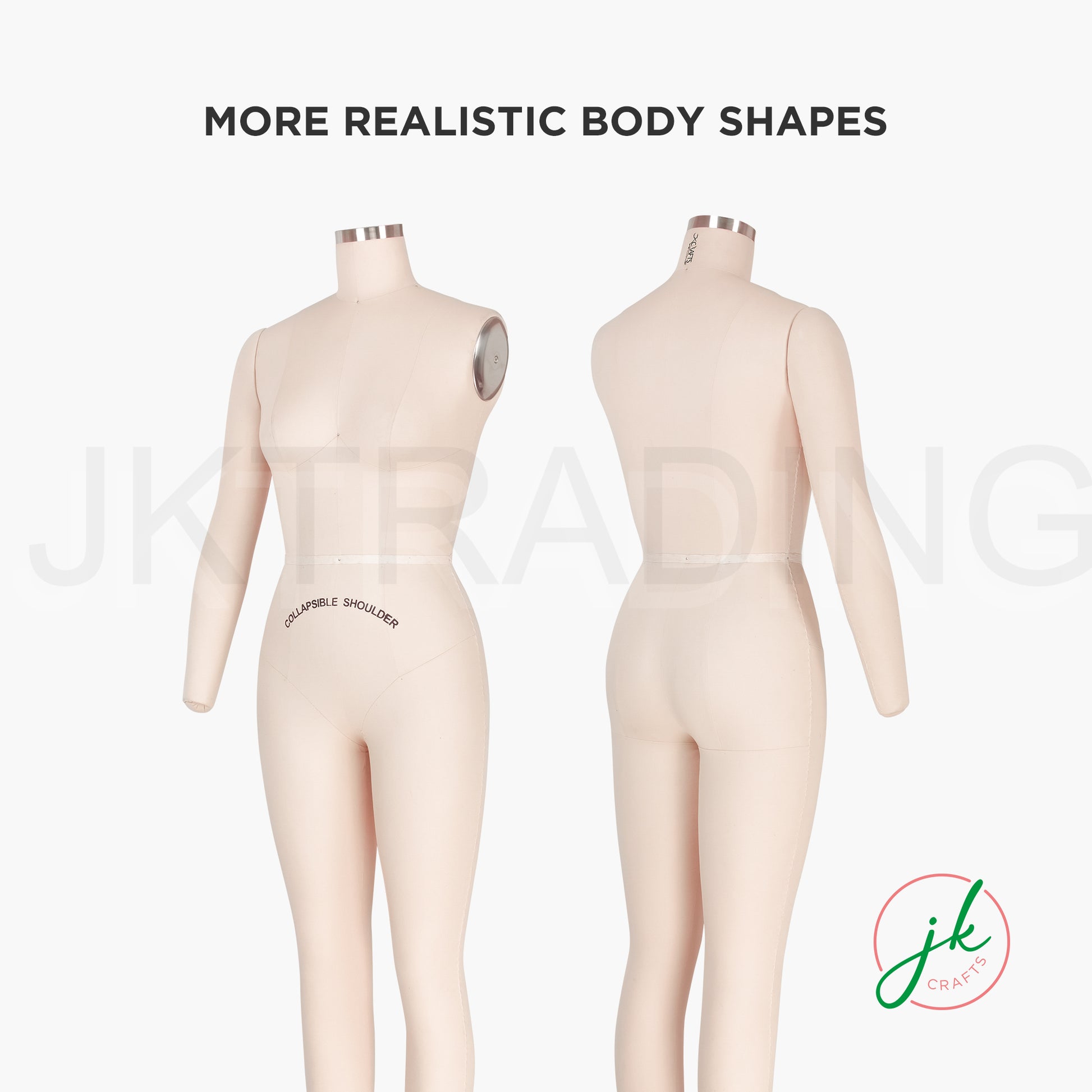 Two full body dressmaking mannequins with realistic body shapes on a white background, featuring the brand 'jkcrafts'.