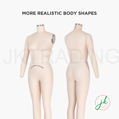 Two full body dressmaking mannequins with realistic body shapes on a white background, featuring the brand 'jkcrafts'.
