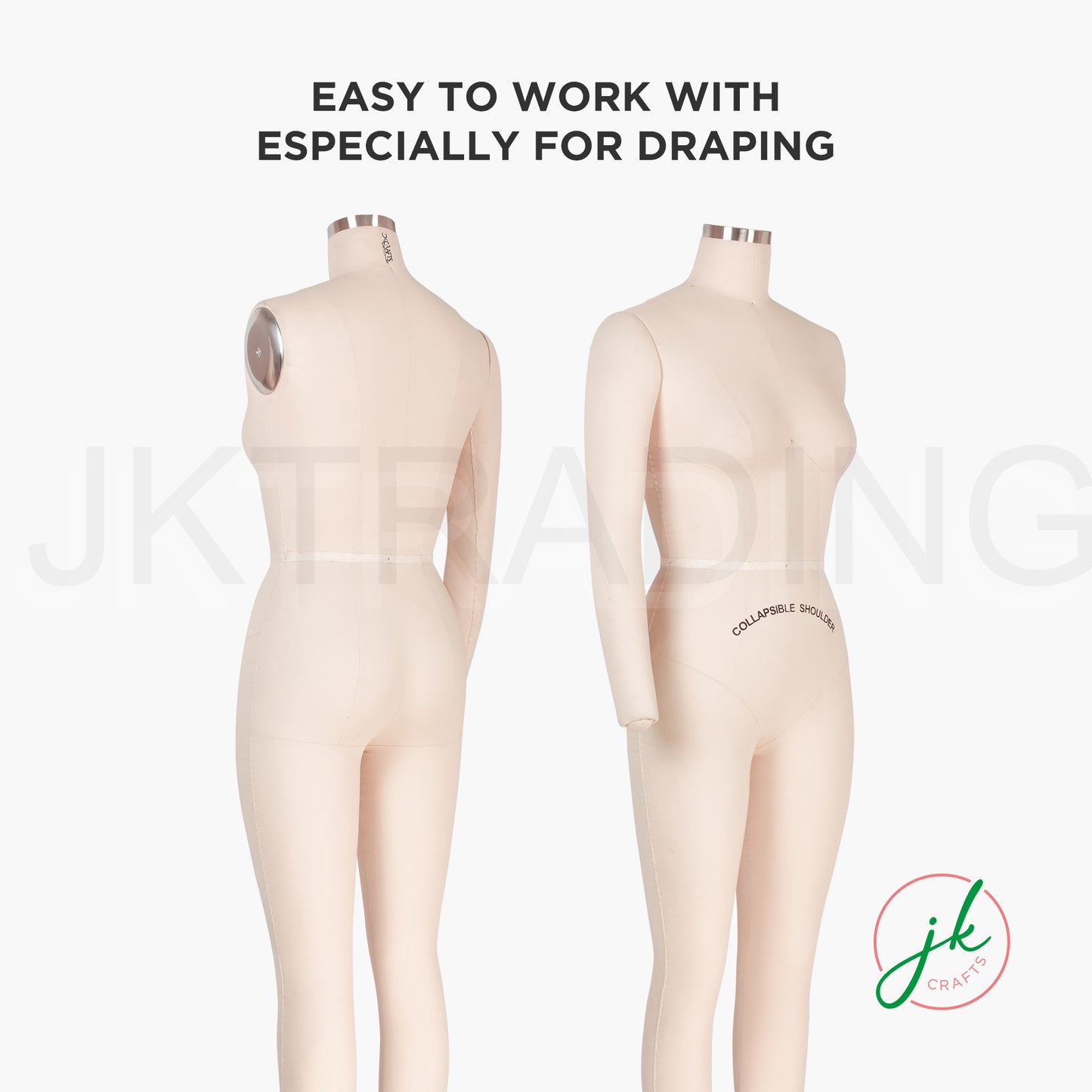Two beige professional tailor mannequins on a white background with text 'Easy to work with especially for draping' and a logo.