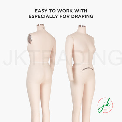 Two beige professional tailor mannequins on a white background with text 'Easy to work with especially for draping' and a logo.