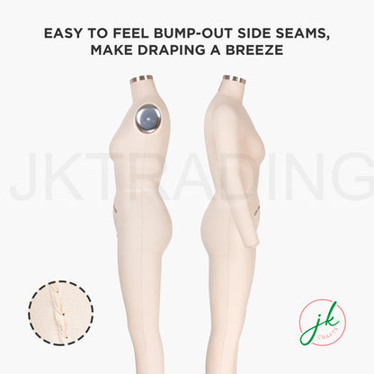 Professional Female sewing Mannequin wearing beige tights with text highlighting side seam design on a white background.