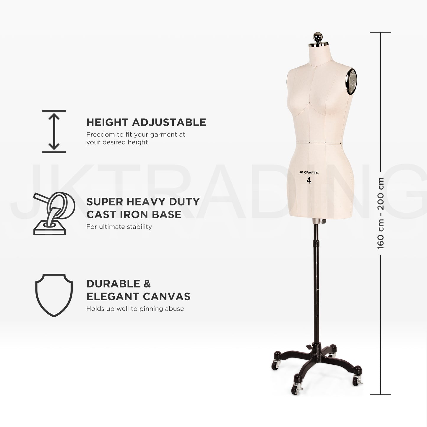 Dressmaker Mannequin with height adjustable features and dimensions on a white background