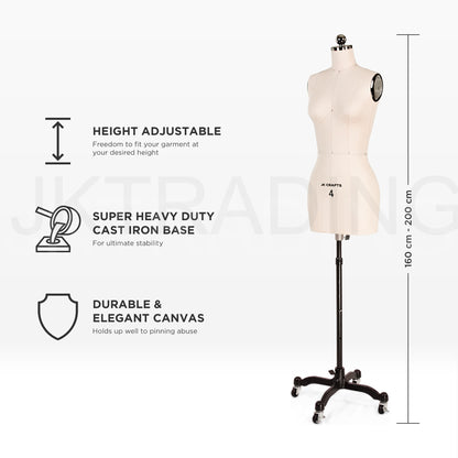 Dressmaker Mannequin with height adjustable features and dimensions on a white background