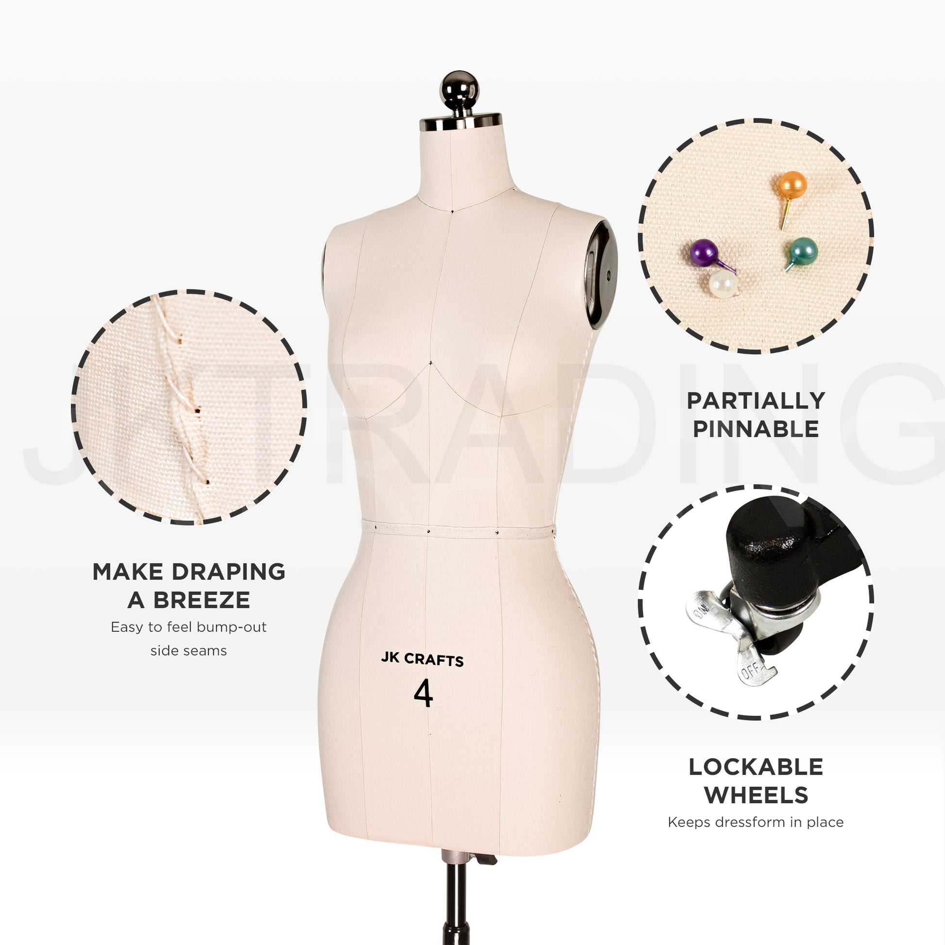 Professional dressmaker Mannequin with features highlighted on a white background
