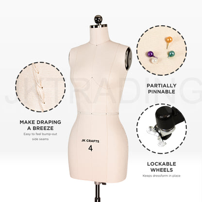 Professional dressmaker Mannequin with features highlighted on a white background