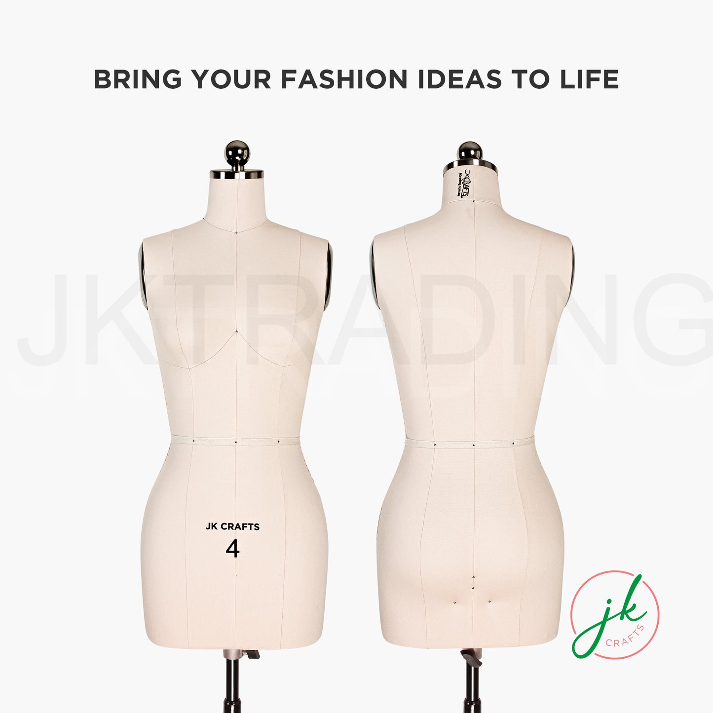 Two dress form mannequins with text 'Bring your fashion ideas to life' and a logo on a white background.