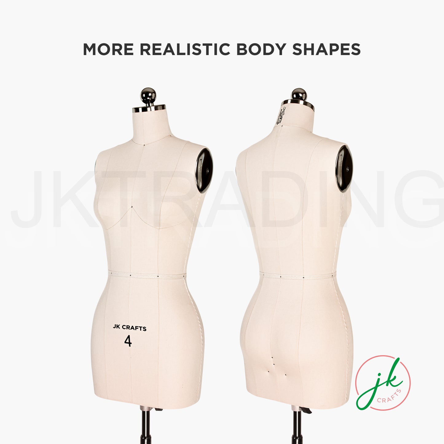 Two dressmaking forms with realistic body shapes on a white background, featuring the brand 'JK Crafts'.