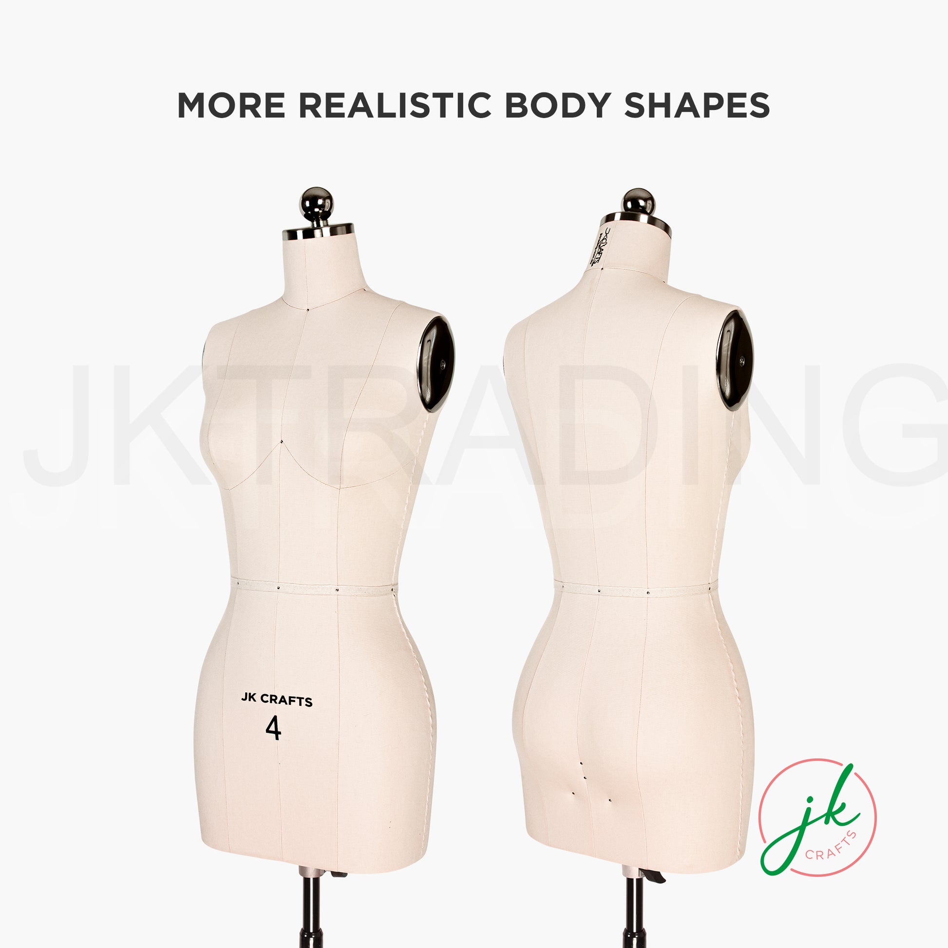 Two dressmaking forms with realistic body shapes on a white background, featuring the brand 'JK Crafts'.