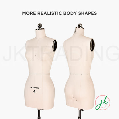 Two dressmaking forms with realistic body shapes on a white background, featuring the brand 'JK Crafts'.