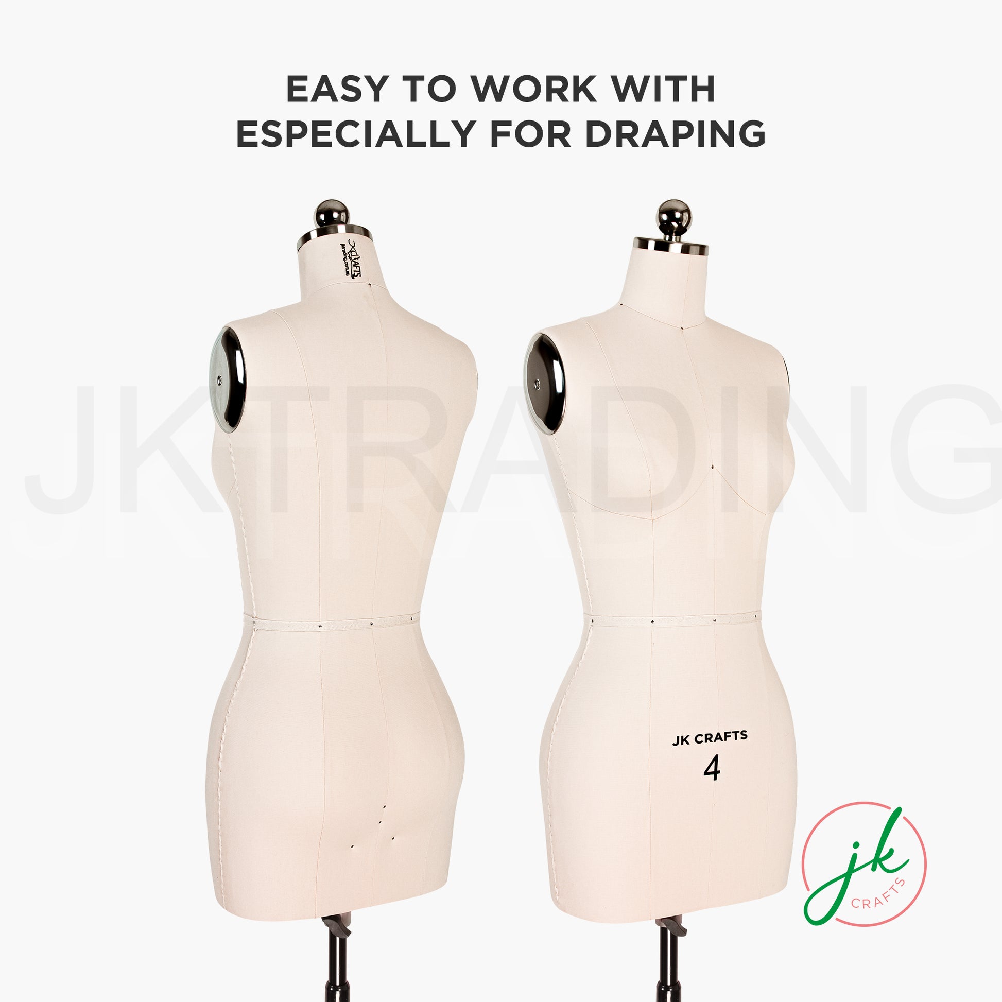 Two dressmaking forms with text 'Easy to work with especially for draping' and 'JK Crafts' branding.