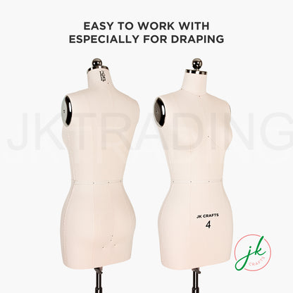 Two dressmaking forms with text 'Easy to work with especially for draping' and 'JK Crafts' branding.