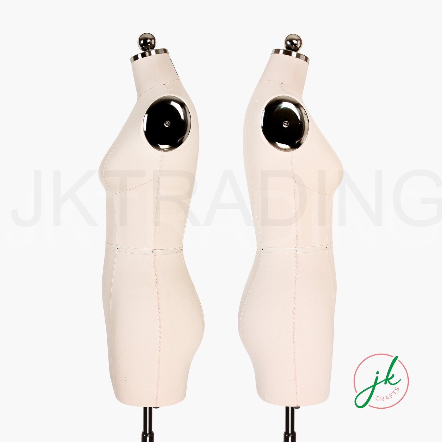 Two professional white dressmaker forms with black accents on a white background, featuring the brand 'JK Crafts'.